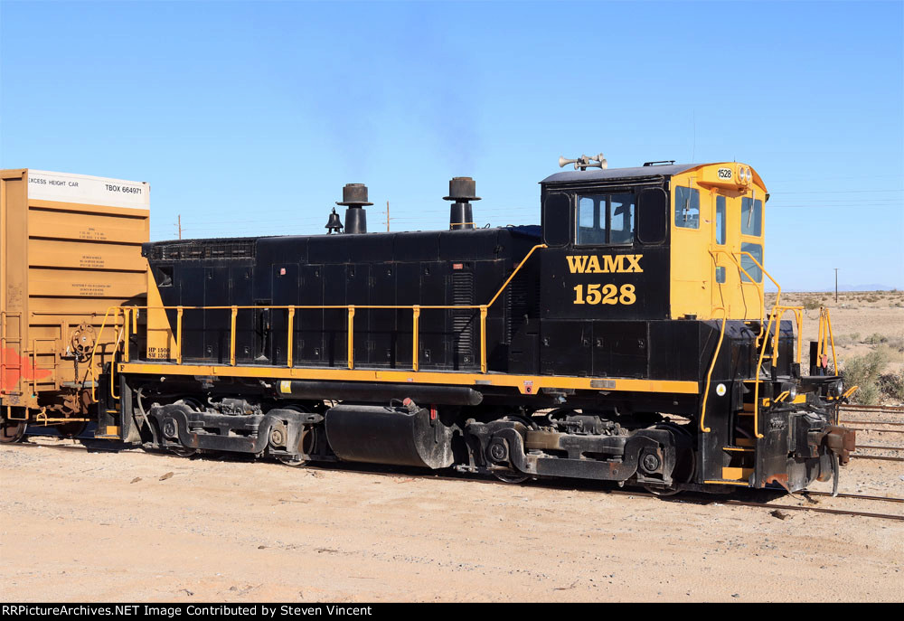 WAMX SW1500 #1528. WAMX is contract car loader & switcher at USG Plaster City. There is also a 2nd unit.